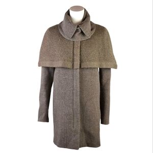 Hanii Y Wool Blend Cape Coat Brown Knit Overlay Funnel Collar Size 38 Small